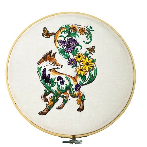 Flower Fox Butterfly Wall Art Embroidery Wood Hoop Frame 10.5" Handmade New - Picture 1 of 7